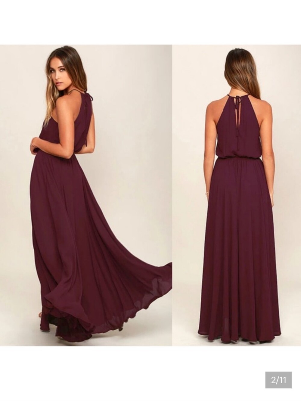 💘👑✨ Lulu's Plum Halter Maxi Gown with Side Slit And Tie Waist - Picture 4 of 9